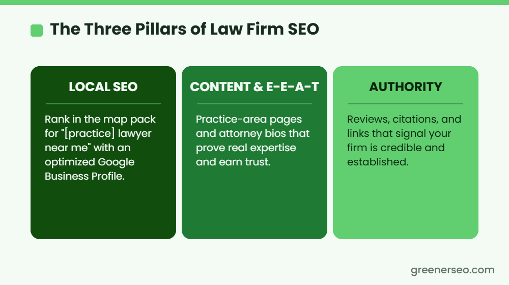 The three pillars of law firm SEO: local SEO, content and E-E-A-T, and authority