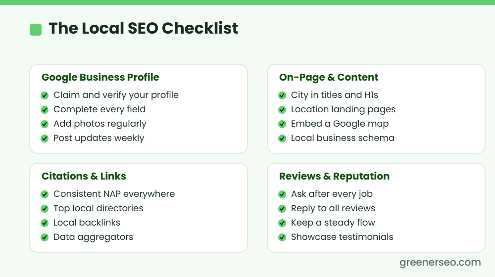 Local SEO checklist covering Google Business Profile, on-page and content, citations and links, and reviews